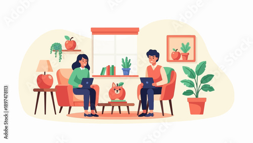 Two people working on laptops in a cozy room with plants and art