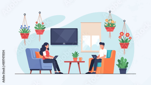 Two people working on laptops in a cozy room with plants