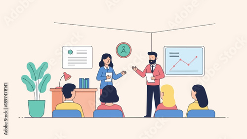 Two presenters deliver a lesson to a seated audience in a classroom setting