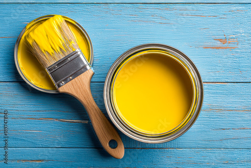 A paintbrush with yellow paint resting on an open paint can lid next to a full open can of bright yellow paint on a rustic blue wooden surface