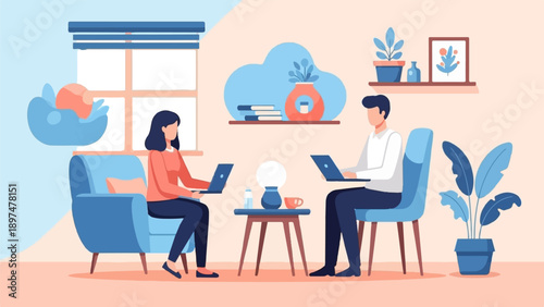 Two people working on laptops in a cozy room