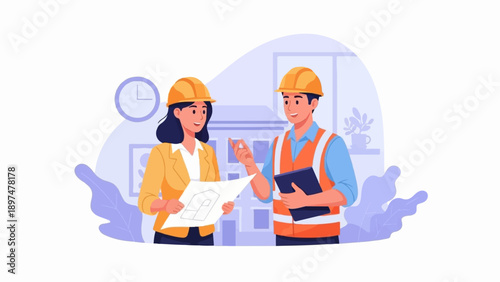 Two professionals in hard hats review blueprints at a construction site