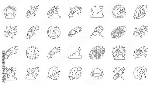 Cosmic Icons Set: Meteor Showers, Galaxies, Planets, Moon, Sun, Clouds, Stars