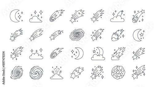 Cosmic Icons: Moon, Stars, Comets, Galaxies, Clouds, Meteor Shower Line Art