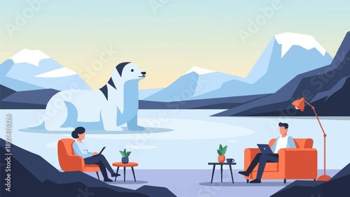 Two people work remotely in an arctic setting with a large polar bear
