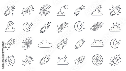 Cosmic Icons Set: Meteors, Stars, Clouds, Moons, Galaxies - Vector Line Art