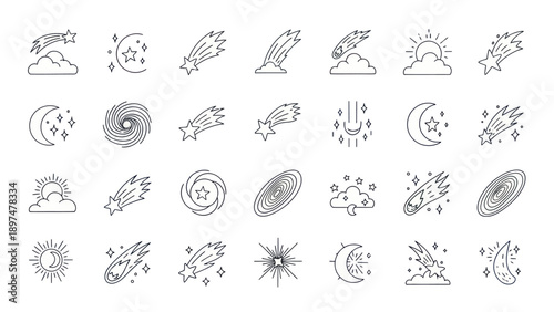 Cosmic Icons Set: Stars, Comets, Galaxies, Moon, Sun, Clouds, Space Objects