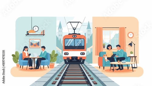 Two scenes divided by train tracks people working and relaxing indoors