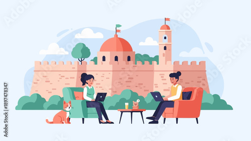 Two people work remotely near ancient fortifications with a cat