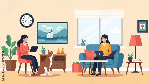 Two people work remotely on laptops in a cozy room with a dog