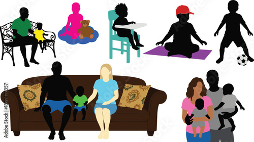 Large collection of diverse family silhouettes featuring parents and children sitting on sofa playing soccer and practicing yoga vector illustration
