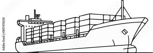 A detailed line drawing depicts a large cargo ship laden with stacked rectangular containers