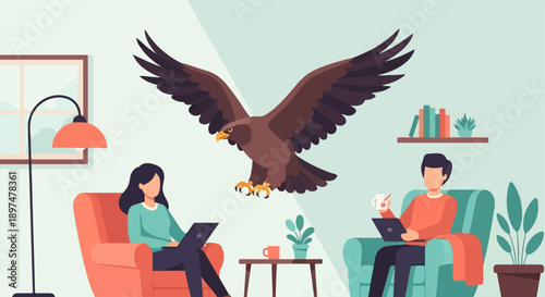 Two people work remotely in cozy chairs while a bird of prey soars above