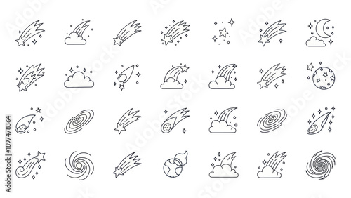 Cosmic Icons Set: Shooting Stars, Galaxies, Planets, Moon, Clouds, Meteor Shower