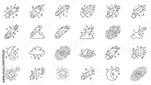 Cosmic Icons Set: Meteors, Galaxies, Planets, Moon, Stars, Sun, Clouds