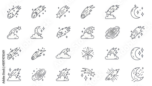 Cosmic Icons: Shooting Stars, Comets, Galaxies, Moon, and Clouds - Line Art Collection
