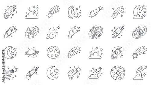 Cosmic Icons Set: Stars, Moon, Comets, Galaxies, Planets, Clouds - Outline Vector Art