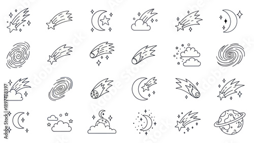 Cosmic Icons: Shooting Stars, Comets, Moon, Clouds, Galaxy Collection