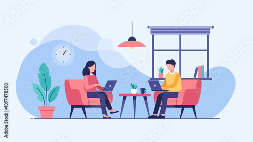 Two people working on laptops in cozy armchairs near a window