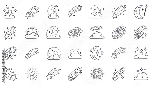 Cosmic Icons: Stars, Moon, Meteor Showers, Galaxies, Sun & Clouds - Line Art