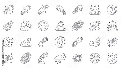 Cosmic Icons: Stars, Meteors, Moon, Clouds, Galaxy, Sun - Line Art Set