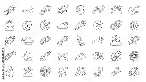 Cosmic Icons: Stars, Meteors, Galaxies, Moons, Clouds - Outline Set