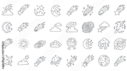 Cosmic Icons: Stars, Moon, Clouds, Galaxies, Meteors, Planets, Sun - Line Art