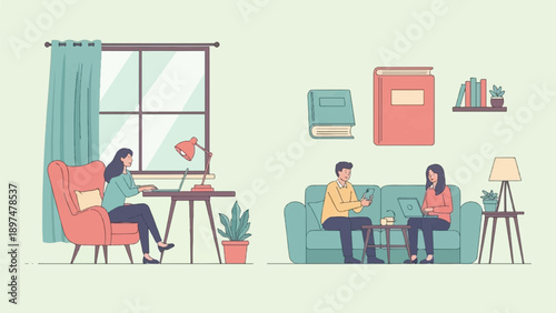 Two people working and relaxing at home, illustration
