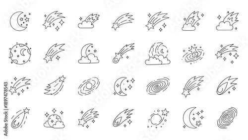 Cosmic Night Icons: Meteor Shower, Moon, Stars, Galaxy, Abstract Space Elements