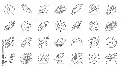Cosmic Icons: Stars, Moon, Planets, Galaxies & Comets Line Art Set