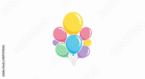 A bouquet of brightly colored balloons floats against a plain white background