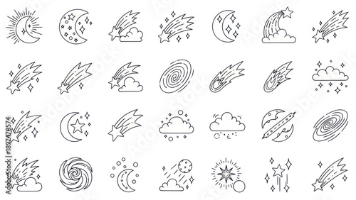 Cosmic Night Sky Icons: Moon, Stars, Comets, Galaxies and Meteor Showers
