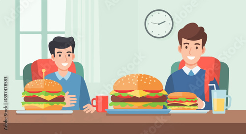 Two smiling men sitting at a table with large burgers and drinks