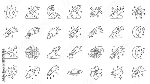 Cosmic Wonders Collection: Shooting Stars, Planets, Galaxies, and Moon Icons