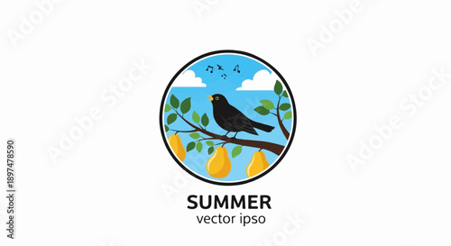 A black bird perches on a branch with ripe pears, singing under a blue summer sky