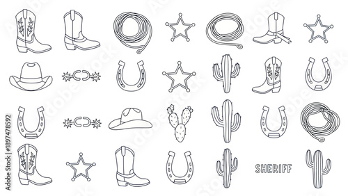 Cowboy Icons Set: Boots, Hats, Horseshoes, Cacti, Lasso, Sheriff Badge