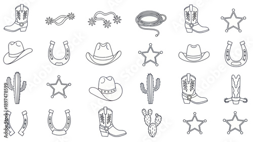 Cowboy Western Elements Collection: Boots, Hats, Cacti, Horseshoes, Sheriff Stars