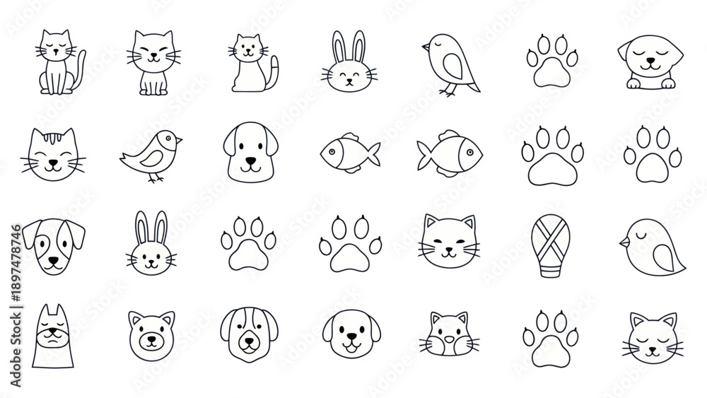 Fototapeta premium Cute Animal Icons: Cats, Dogs, Rabbits, Birds, Fish, Paw Prints - Simple Line Art