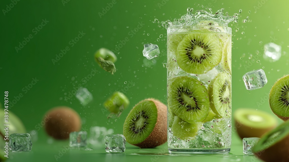 Obraz premium Vibrant kiwi drink splash close-up, ideal for healthy refreshment campaigns, vitamin branding, and social media