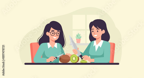 Two smiling women in green shirts preparing kiwis