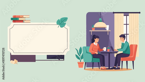 Two people working on a laptop at a table, with a blank sign and books nearby