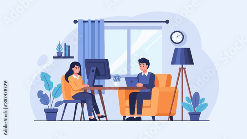 Two people working on computers in a home office setting