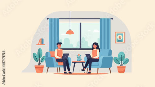 Two people working on laptops on comfy chairs at home, window view