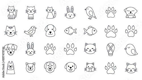 Cute Animal Icons: Cats, Dogs, Rabbits, Birds, Fish, Paw Prints - Simple Line Art