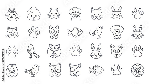 Cute Animal Icons: Cats, Dogs, Rabbits, Birds, Fish, Owls, Paw Prints