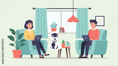 Two people working on laptops on comfortable chairs with a dog and plants