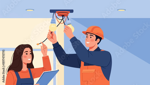 Two smiling workers, one in a hard hat, install a ceiling light fixture