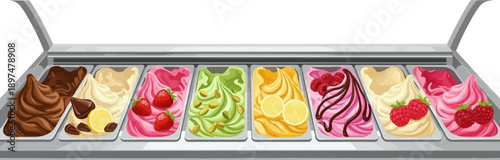 A colorful display of assorted gelato flavors in a refrigerated case
