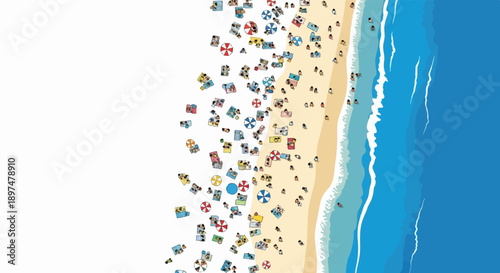 Aerial view of a crowded beach with people, umbrellas, and waves