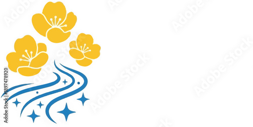 Stylized yellow flowers above flowing blue water with sparkling stars